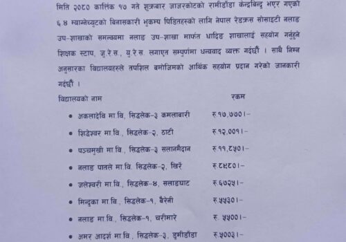 भुकम्प प्रभावितहरुलाई नेपाल रेडक्रस सोसाईटी नलाङ उप शाखाको आर्थिक सहयोग