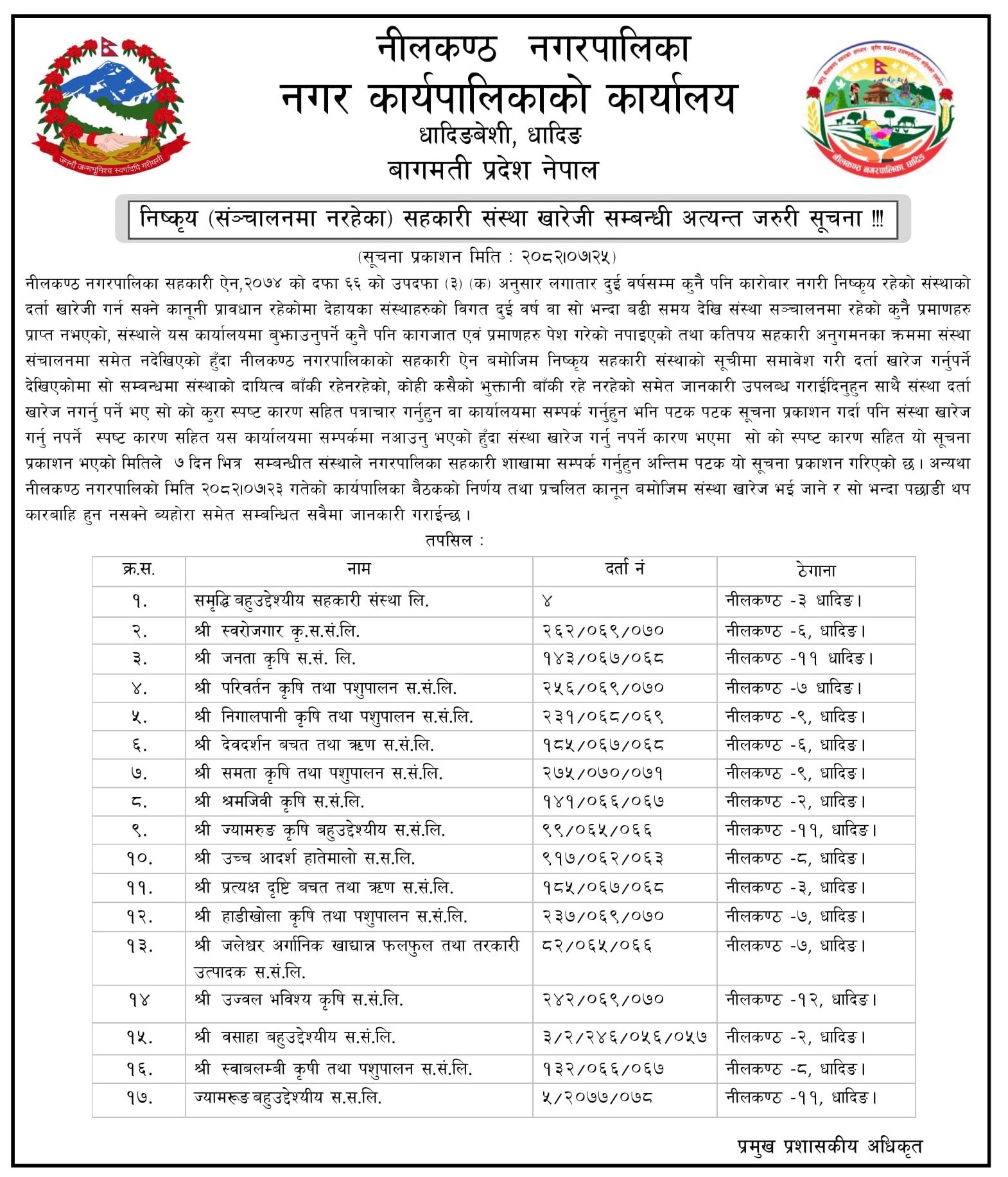 निष्कृय (संञ्चालनमा नरहेका) सहकारी संस्था खारेजी सम्बन्धी अत्यन्त जरुरी सूचना